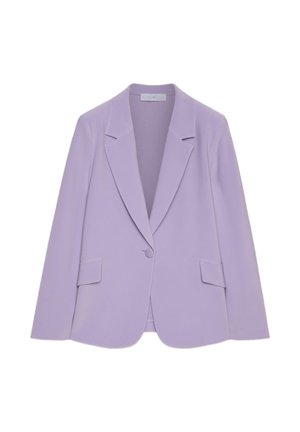 Lila damesblazer met sluiting met één knoop, met inkeping op de revers en klepzakken, getoond tegen een witte achtergrond.