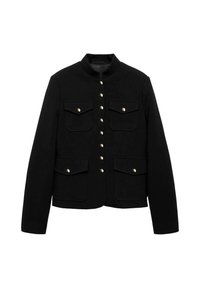 Black jacket with a high collar, gold button closure, and two front pockets. Fabric is smooth, designed for structured fit.