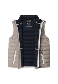 Gilet imbottito beige con interno blu scuro, dotato di chiusura con zip, dettagli trapuntati e tasche laterali con zip bianche.