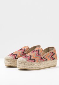 Slip-on espadrillor med tjocka vävda sulor och färgglad zigzag-mönster i nyanser av orange, röd, rosa och brun på tygöverdelar.