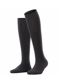 Calze nere alte fin sopra il ginocchio realizzate in un tessuto liscio e elasticizzato, con punta e tallone rinforzati. Presentano un design semplice e uniforme, senza fantasie.