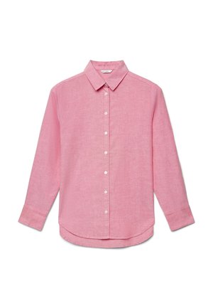 Chemise rose à manches longues avec boutons, col et poignets, au design uni, posée à plat sur un fond blanc.