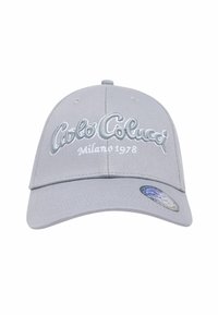 Graue Baseballmütze mit gesticktem Logo "Carlo Colucci Milano 1978". Verfügt über einen gebogenen Schirm und einen verstellbaren Riemen auf der Rückseite.