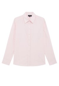 Camisa de manga larga rosa claro con cuello, cierre frontal de botones y textura lisa. Presenta un dobladillo redondeado y puños con botones.