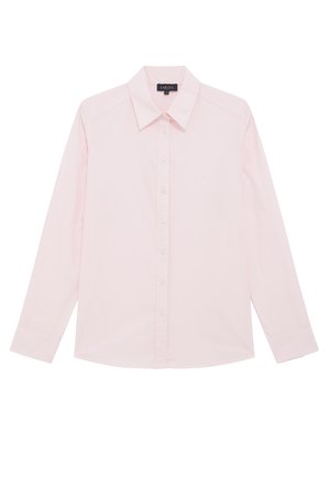 Light pink long-sleeve shirt with a collar, front button closure, and plain texture. Features rounded hem and buttoned cuffs.