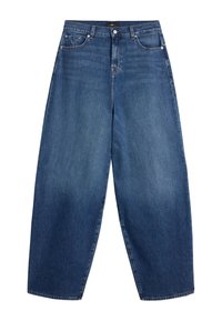 Jeans in denim blu a gamba larga con vita alta, leggera scoloritura, design a cinque tasche e chiusura con bottone metallico. Tessuto morbido.