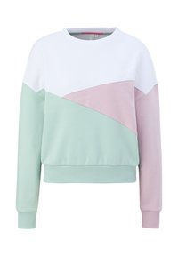 Sweat-shirt col rond à manches longues en blocs de couleurs blanc, rose pastel et vert pastel avec poignets et ourlet côtelés.
