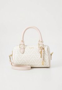 White handbag with geometric pattern, gold hardware, and a key charm. Features dual top handles and a detachable pink shoulder strap.
