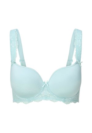 Soutien-gorge rembourré bleu clair avec dentelle sur le bord, présentant des bretelles réglables, un nœud décoratif au centre et une texture de tissu lisse.