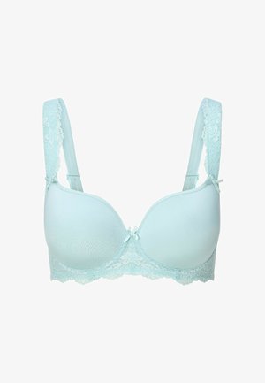 Himmelblauer gepolsterter BH mit Spitzenverzierungen, verstellbaren Trägern, einer dekorativen Schleife in der Mitte und glattem Stoff.