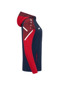 Kapuzenshirt aus dunkelblauem Stoff mit roten Akzenten, gemustertem Schulterdesign, Reißverschlusstasche und Logo auf der Brust.