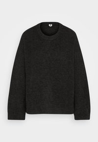 Pull en laine gris foncé à manches longues avec un col rond et des poignets, un bas et un col côtelés, présenté à plat sur un fond clair.