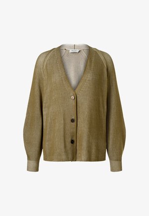 Vaalean oliivinvihreä ribbineulottu neuletakki, jossa on pitkät hihat, V-aukko ja edessä kolme nappia eri sävyissä.