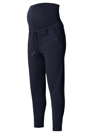 Donkerblauwe zwangerschapsbroek met elastische hoge tailleband, trekkoord, zijzakken en taps toelopende pijpen, ontworpen voor comfort en ondersteuning.