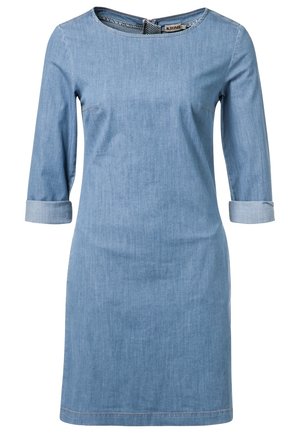 Robe en denim avec un col rond et des manches trois-quarts. Couleur bleu clair, coupe légèrement ajustée, poignets retroussés, avec une fermeture éclair au dos.