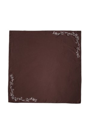 Foulard quadrato marrone scuro con delicati motivi a vite floreale bianca in due angoli opposti.