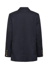 Blazer bleu marine avec un col cranté, présentant des boutons dorés aux poignets et un tissu lisse et texturé. Vue arrière présentée.