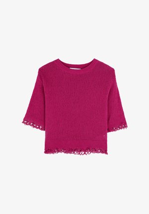 Pulover tricotat de culoare fuchsia, cu mâneci scurte și detalii din dantelă la margine. Textură moale și croială lejeră. Dispune de un gât rotund și un design de culoare uniformă.