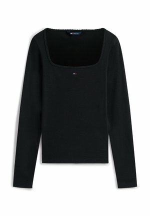 Czarna bluzka z długim rękawem i kwadratowym dekoltem, wykonana z prążkowanego materiału. Ma małe logo na piersi oraz dopasowany krój.