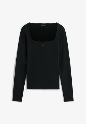 Czarna bluzka z długim rękawem i kwadratowym dekoltem, wykonana z prążkowanego materiału. Ma małe logo na piersi oraz dopasowany krój.