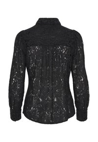 Zwarte kanten blouse met een kraaghalslijn, lange mouwen en een gestructureerd bloemmotief, met een geplooide achterkant en knoopmanchetten.