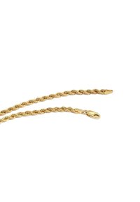 Catena in metallo color oro con design intrecciato. Dotata di una chiusura sicura a moschettone e di una superficie liscia e lucida.