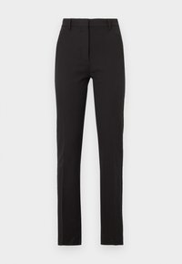 Pantalon noir sur mesure en tissu lisse. Présente un devant plat, des passants pour ceinture et des jambes droites avec des poches latérales.
