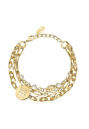 Bransoletka z łańcuszka ze złota z różnymi stylami ogniw, przezroczystymi akcentami kamieni szlachetnych oraz dwoma grawerowanymi okrągłymi zawieszkami, z których jedna ma wzór łuku.