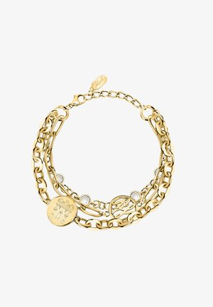 Bransoletka z łańcuszka ze złota z różnymi stylami ogniw, przezroczystymi akcentami kamieni szlachetnych oraz dwoma grawerowanymi okrągłymi zawieszkami, z których jedna ma wzór łuku.