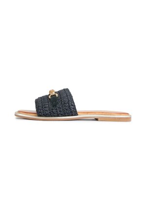 Black woven slip-on sandal with flat tan sole and gold decorative buckle on wide strap.