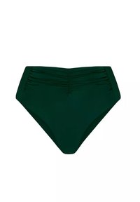 Kostium kąpielowy w formie wysokiego stanu w głębokiej zieleni, z marszczeniami z przodu oraz gładkiego, elastycznego materiału zapewniającego komfortowe dopasowanie.