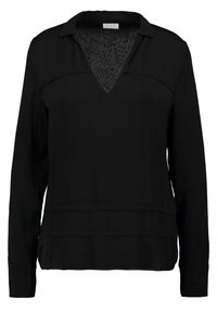 Pullover nero con scollatura a V e colletto. Maniche lunghe, pannello testurizzato al collo e dettaglio dell'orlo a strati. Tessuto morbido.