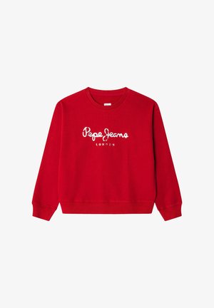 Röd huvtröja med rundad halsringning och långa ärmar. Har en vit broderad "Pepe Jeans London" logga på framsidan. Mjuk tygtextur.