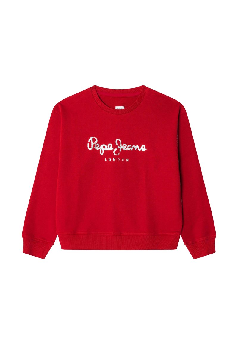 Punane sviitriga, millel on ümmargune kaelus ja pikad varrukad. Ees on valge tikandiga "Pepe Jeans London" logo. Pehme kangastekstuuri.