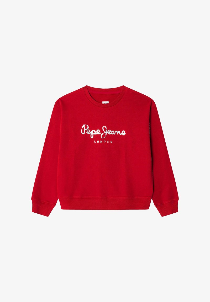 Felpa rossa con scollo rotondo e maniche lunghe. Presenta il logo ricamato "Pepe Jeans London" bianco sul davanti. Tessuto morbido.