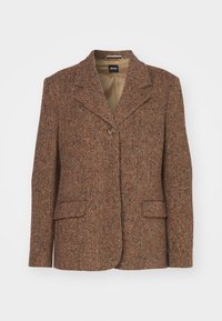 Brun herringbone-blazer i strukturerad tyg, med knappad krage, enfaldig knappstängning och två framfickor.