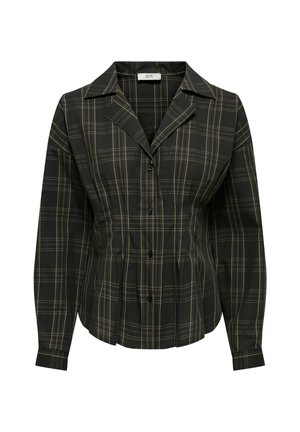 Czarna i zielona koszula w kratę na guziki, z kołnierzykiem, długimi rękawami, plisowanym fasonem w talii i zapięciem na guziki z przodu.