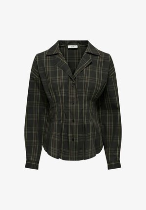 Czarna i zielona koszula w kratę na guziki, z kołnierzykiem, długimi rękawami, plisowanym fasonem w talii i zapięciem na guziki z przodu.
