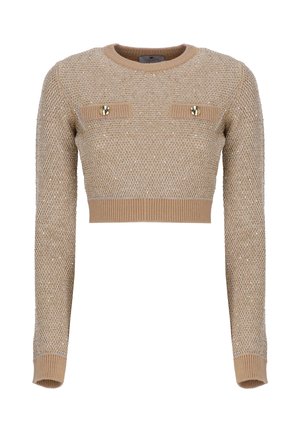 Pull en maille beige court avec manches longues, col rond, deux poches à rabat décoratives avec boutons dorés sur la poitrine.