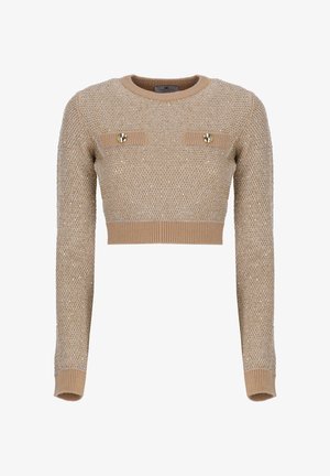 Pull en maille beige court avec manches longues, col rond, deux poches à rabat décoratives avec boutons dorés sur la poitrine.