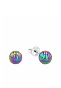 Runda stiftörhängen med iriserande lila, gröna och blå sfärer samt silverstift som är stämplade med "925" på vit bakgrund.