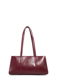 Burgundy leather tote bag with a structured rectangular shape, two long handles, and a smooth, glossy finish. No visible hardware.