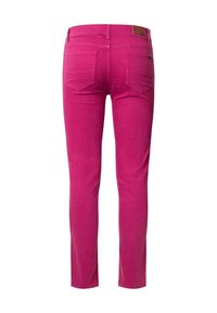 Svijetloružičaste slim-fit traperice s pet džepova, koje imaju kožnu oznaku na struku i glatku teksturu.