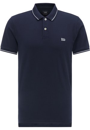 Mornarsko modra kratkosleečna polo majica iz bombaža, z ovratnikom s kontrastnim belim robom in majhnim vezenim logotipom na prsih.