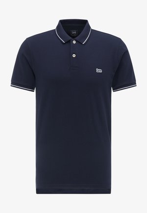 Mornarsko modra kratkosleečna polo majica iz bombaža, z ovratnikom s kontrastnim belim robom in majhnim vezenim logotipom na prsih.
