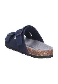Sandal navy con upper in mesh testurizzato, suola in sughero e soletta in feltro grigia. Presenta due cinghie regolabili per comfort e vestibilità.