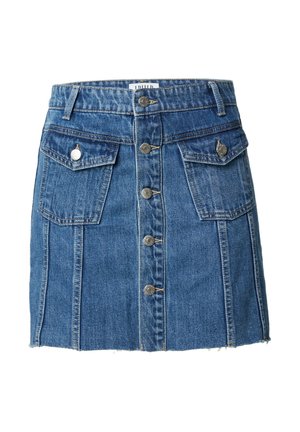 Denim A-line skirt with five silver button closure, two front pockets, faded blue color, and frayed hem detail.