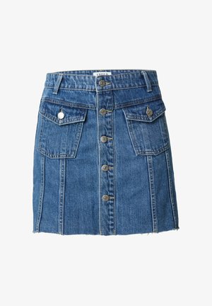 Denim A-lijn rok met vijf zilveren knoopsluitingen, twee voorzakken, vervaagde blauw kleur en franje aan de zoom.