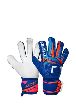 Blue and red goalkeeper gloves with white palms, Reusch branding, and wrist straps labeled "Attract" with "Be the one" text.