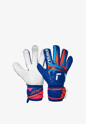 Guanti da portiere blu e rossi con palme bianche, marchio Reusch e cinturini al polso etichettati "Attract" con testo "Be the one".